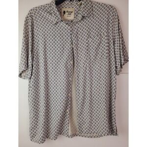 Vintage Silk Mens Geometric White Blue Button Front‎ Retro Bowling Shirt XXL